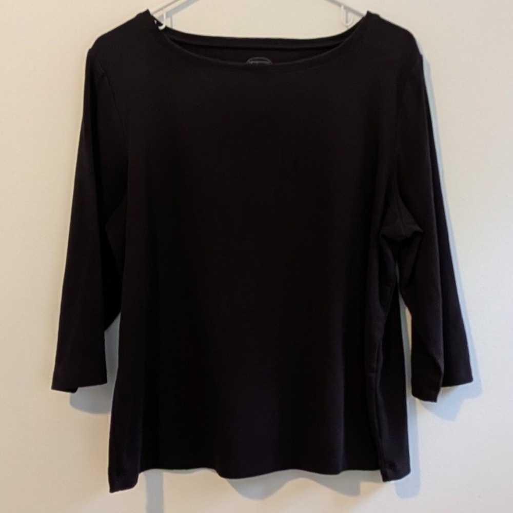 Talbots Woman Petites 2X Black Boat Neck Top 3/4 Sleeve Cotton Blend Stretch